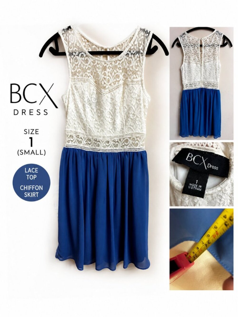 BCX Blue Ivory Lace Chiffon Fit Flare Dress Size 1 Fairycore Romantic